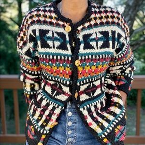 Vintage express Tricot Multi Color Wool Hand Knitted Sweater/Cardigan .M/L